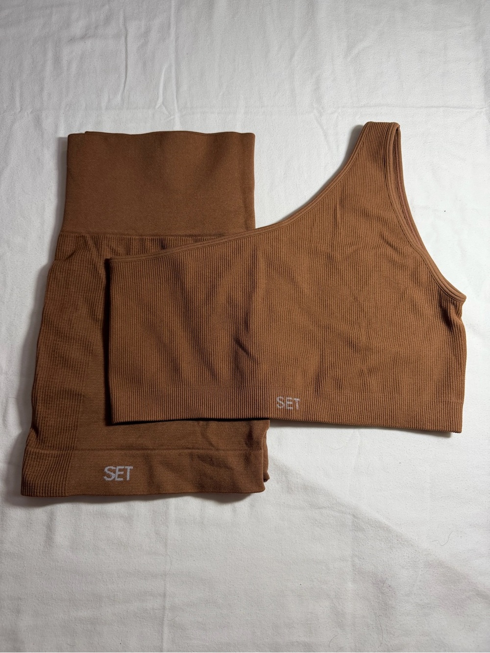 SET Active Brown Ribbed One-Shoulder Sports Bra & High-Waist Biker Short Set